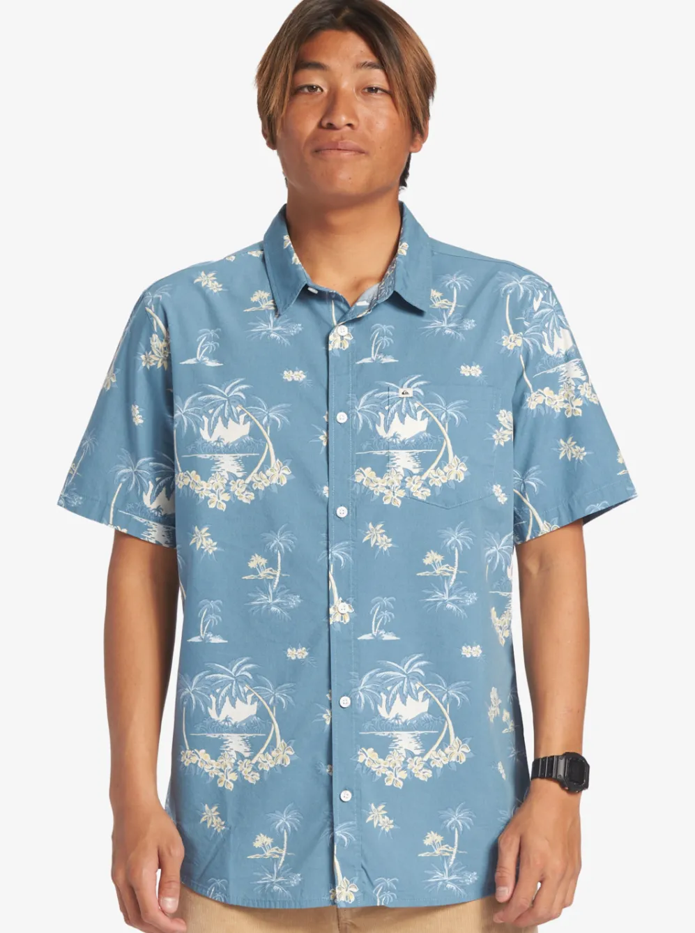Quiksilver Shirts & Polos|Palm Spritz Short Sleeve Woven Shirt Agean Blue Palm Spritz