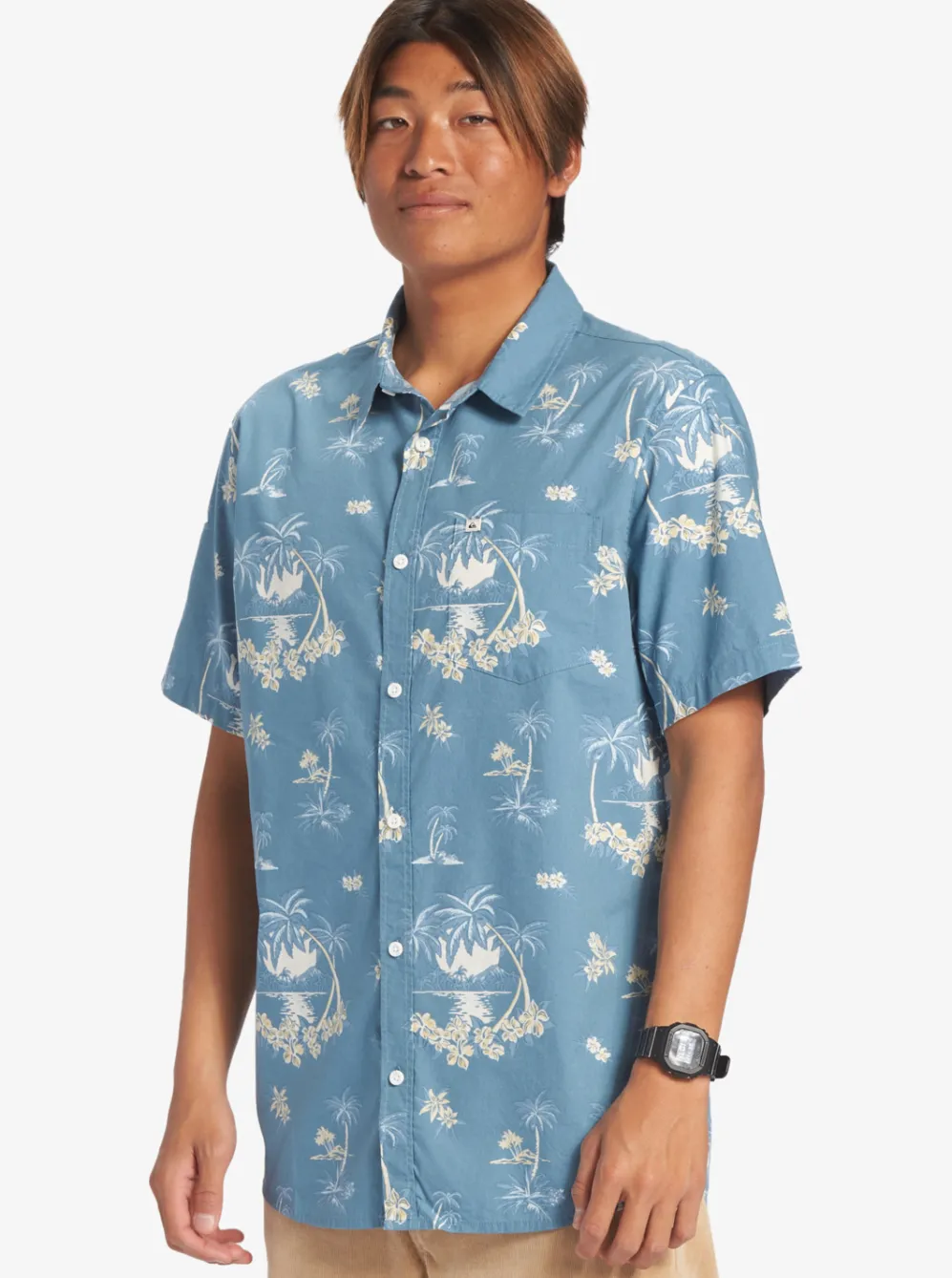 Quiksilver Shirts & Polos|Palm Spritz Short Sleeve Woven Shirt Agean Blue Palm Spritz