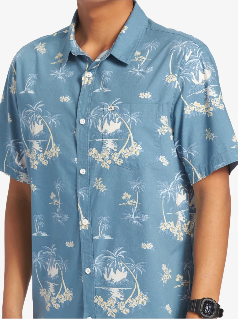 Quiksilver Shirts & Polos|Palm Spritz Short Sleeve Woven Shirt Agean Blue Palm Spritz